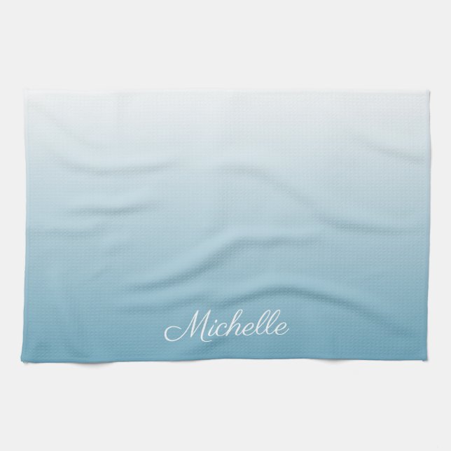 Personalized gradient ombre angel blue kitchen towel (Horizontal)