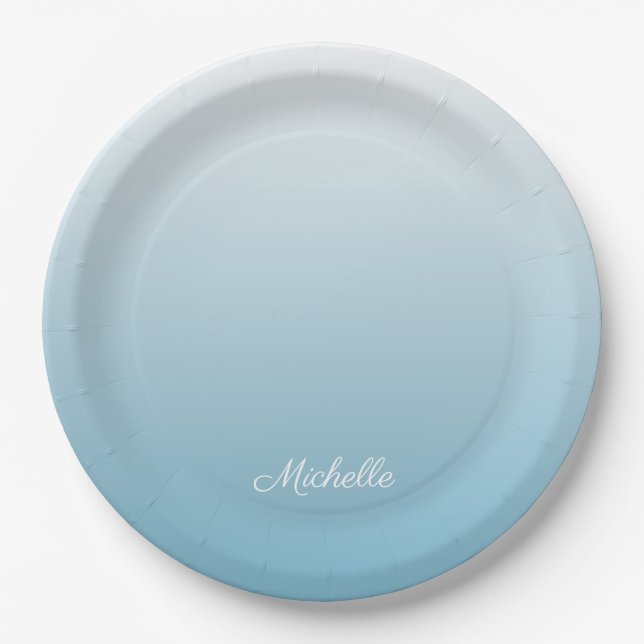 Personalized gradient ombre angel blue paper plates (Front)
