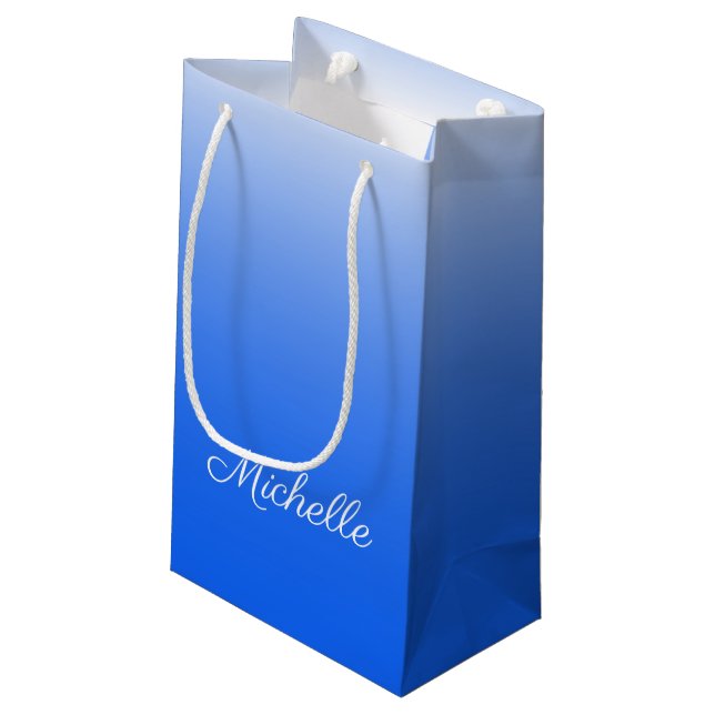 Personalized gradient ombre electric blue small gift bag (Back Angled)