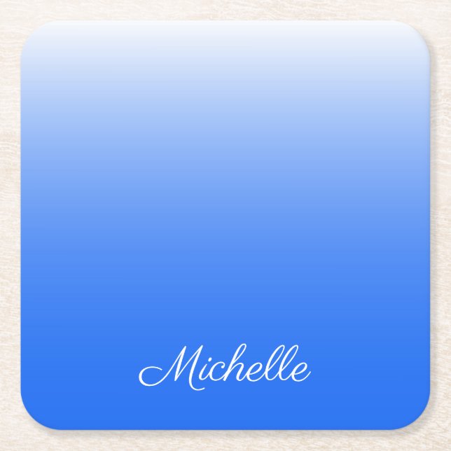 Personalized gradient ombre electric blue square paper coaster (Front)