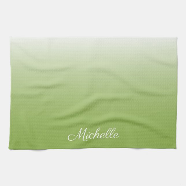 Personalized gradient ombre greenery green kitchen towel (Horizontal)