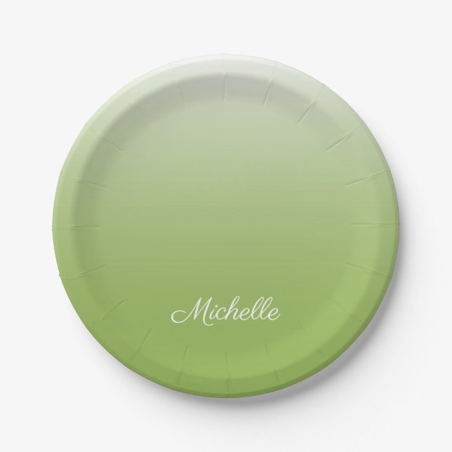 Personalized gradient ombre greenery green paper plates (Front)