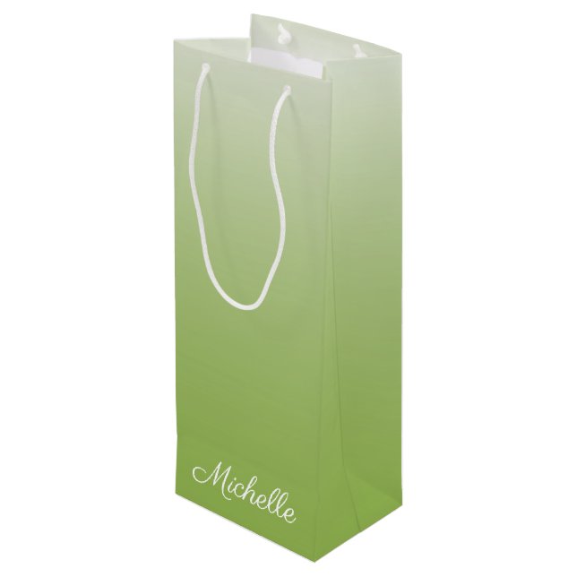 Personalized gradient ombre greenery green wine gift bag (Back Angled)