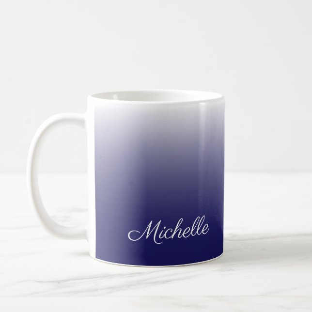 Personalized gradient ombre navy blue coffee mug (Left)