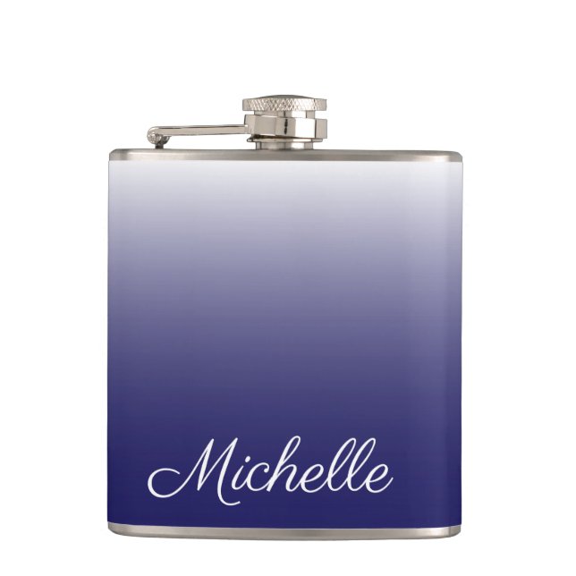 Personalized gradient ombre navy blue flask (Front)