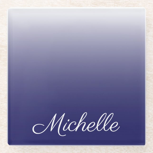 Personalized gradient ombre navy blue glass coaster (Front)