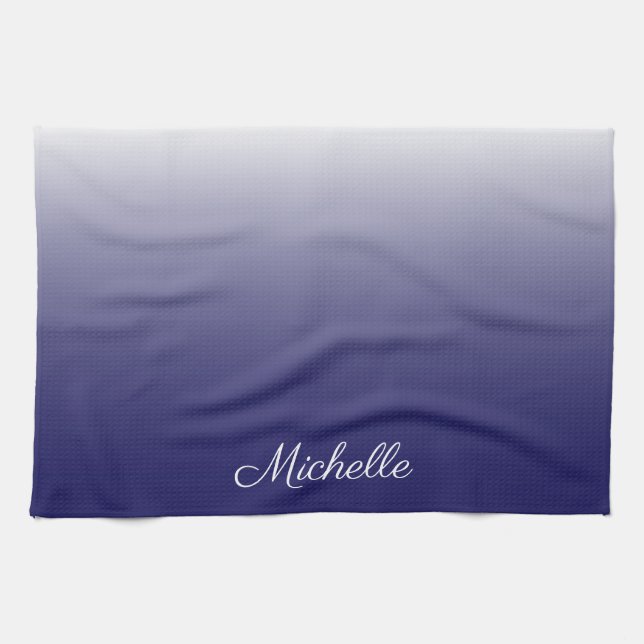 Personalized gradient ombre navy blue kitchen towel (Horizontal)