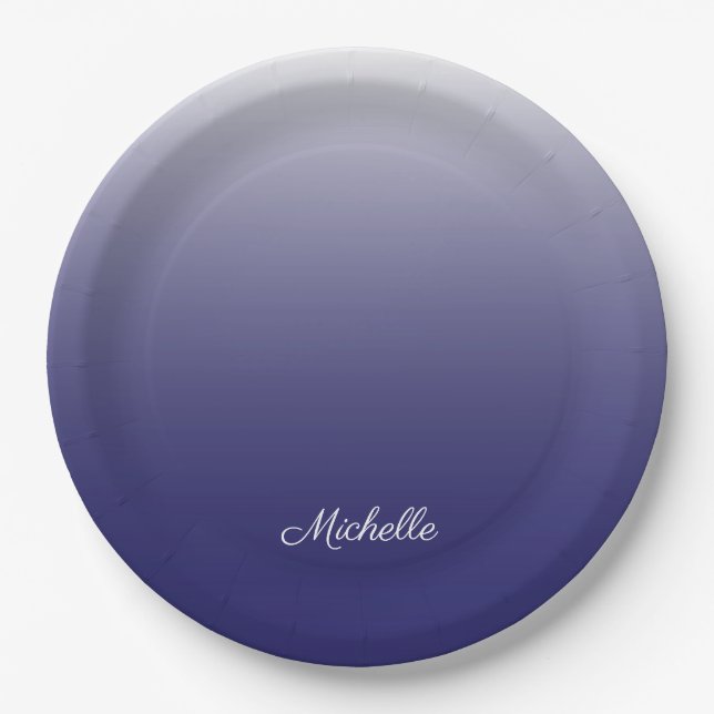 Personalized gradient ombre navy blue paper plates (Front)