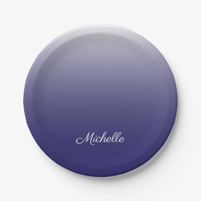 Personalized gradient ombre navy blue paper plates (Front)