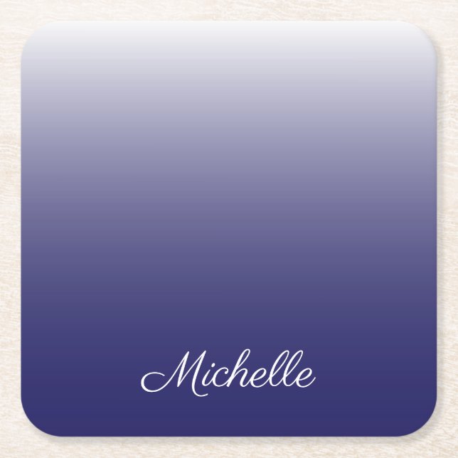 Personalized gradient ombre navy blue square paper coaster (Front)
