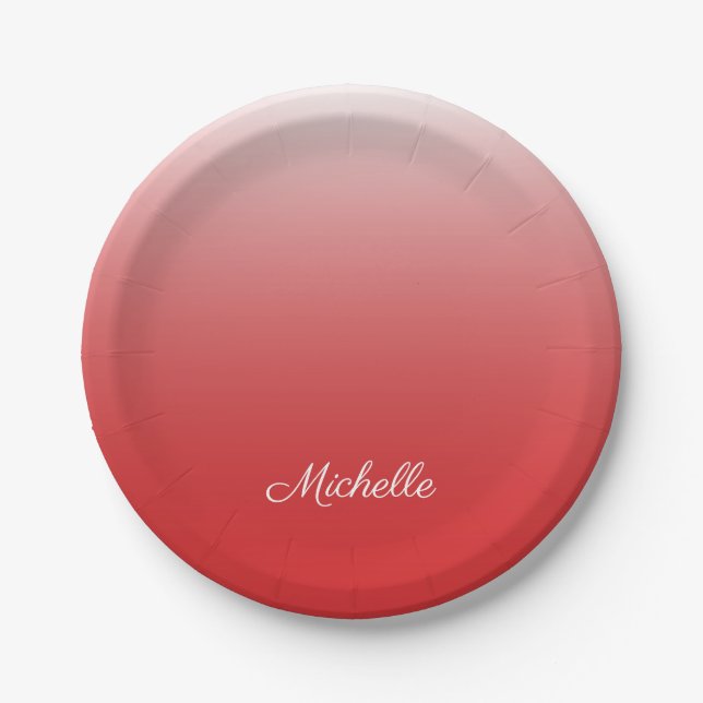 Personalized gradient ombre red paper plates (Front)