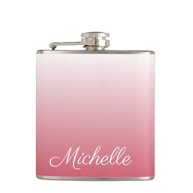 Personalized gradient ombre salmon pink hip flask (Front)