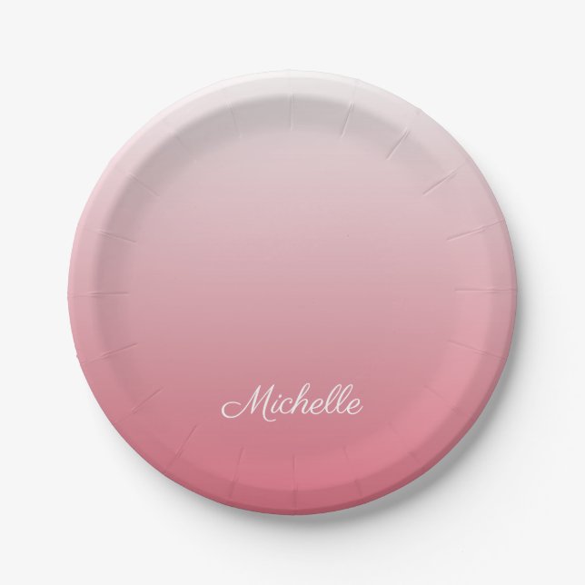 Personalized gradient ombre salmon pink paper plates (Front)