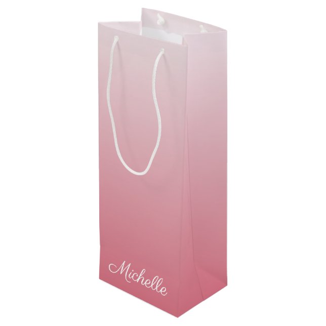 Personalized gradient ombre salmon pink wine gift bag (Back Angled)
