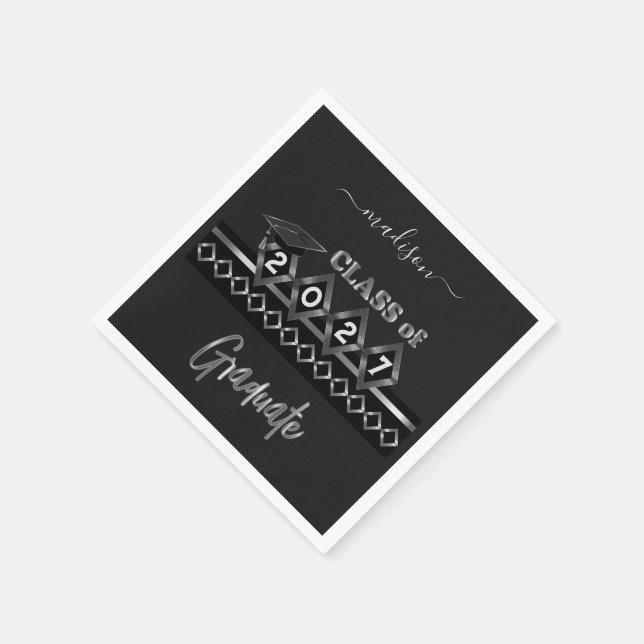 Personalized Graduate - Black and Silver Napkins (Corner)