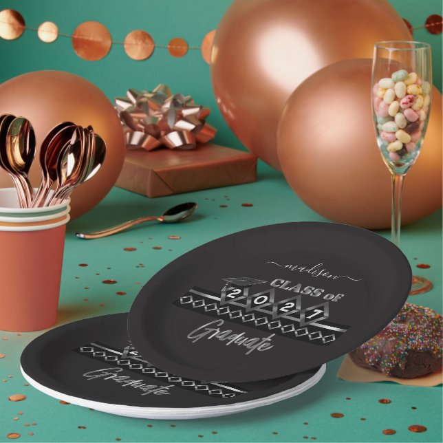Personalized Graduate - Black and Silver Paper Plates (Multi)