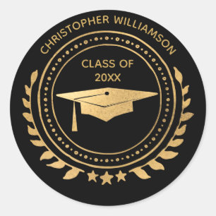 Personalized Graduate Black Gold Classic Monogram Round Sticker