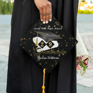 Personalized Graduate Black & Gold Graduation Cap Topper