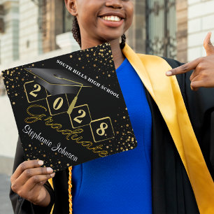 Personalized Graduate Black & Gold Graduation Cap Topper