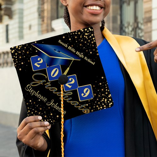 Personalized Graduate Blue  Gold Graduation Cap Topper