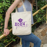 Personalized Graduate Class of 2024 Purple Tote Bag<br><div class="desc">Graduate Class of 2024 quote features a cap with tassel,  modern topography and calligraphy script,  accented with florals and hearts.  Easily personalize with your name of choice and monogram on back.  Great gift idea for that special grad.  (School Color: Purple)</div>