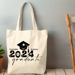 Personalized Graduate Class of 2024 Tote Bag<br><div class="desc">Graduate Class of 2024 quote features a cap with tassel,  modern topography and calligraphy script,  accented with florals and hearts.  Easily personalize with your name of choice and monogram on back.  Great gift idea for that special grad.  (School Color: (Black)</div>
