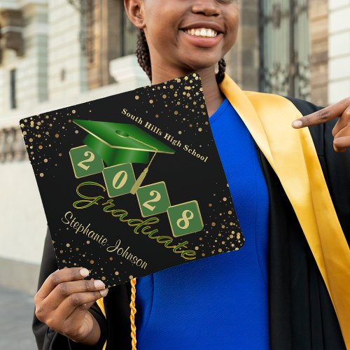 Personalized Graduate Green  Gold Graduation Cap Topper