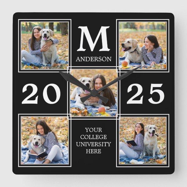 Personalized Graduate Monogram Photo Collage Square Wall Clock (Front)