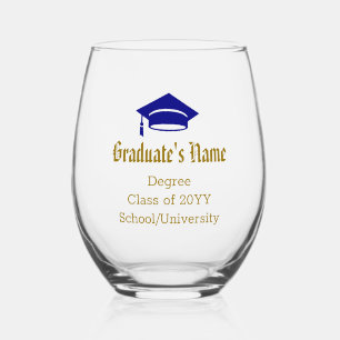 Personalized Graduate Name Cap Tassel Blue Gold Stemless Wine Glass