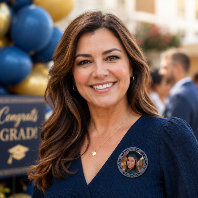 Personalized Graduate Photo Year With Honors Blue Button (Creator Uploaded)