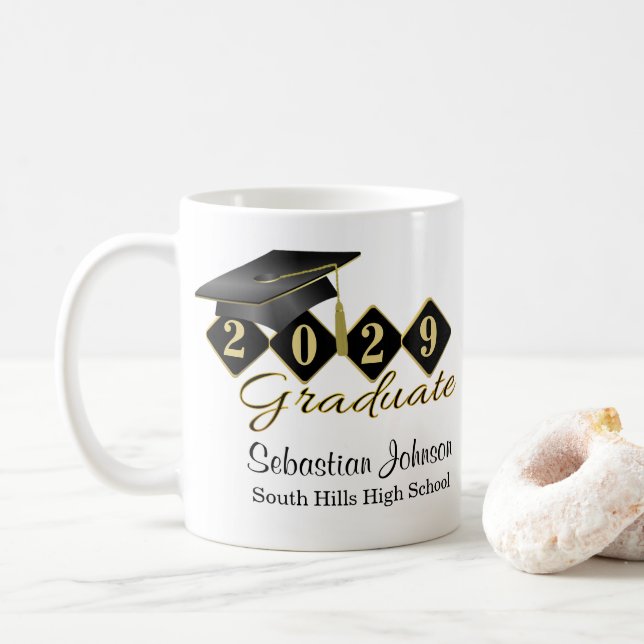 Personalized Graduation Black & Gold 20XX Coffee Mug (With Donut)