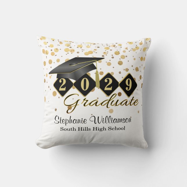 Personalized Graduation Black & Gold Confetti Throw Pillow (Front)