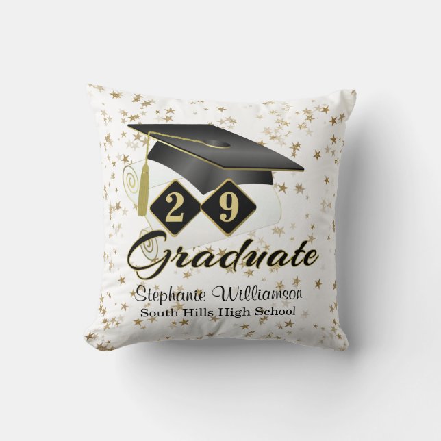 Personalized Graduation Black & Gold Stars Throw Pillow (Front)