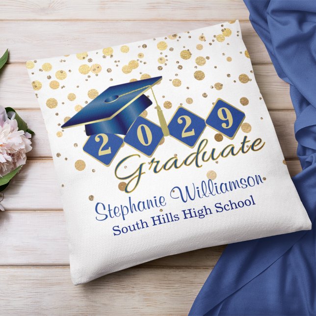 Personalized Graduation Blue & Gold Confetti Throw Pillow (Personalized Graduation Blue & Gold Confetti Throw Pillow)