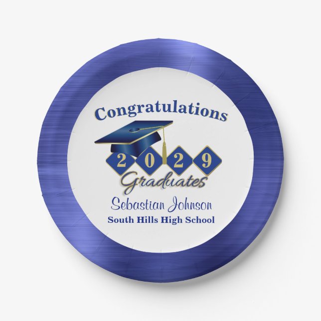 Personalized Graduation Blue & Gold Paper Plates (Front)