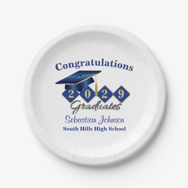 Personalized Graduation Blue & Gold Paper Plates (Front)