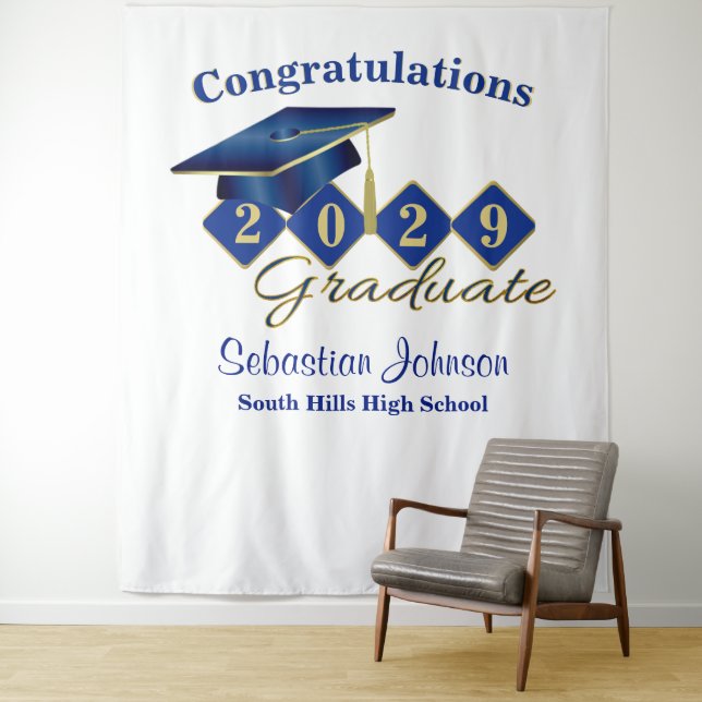 Personalized Graduation Blue & Gold Party Backdrop (In Situ)