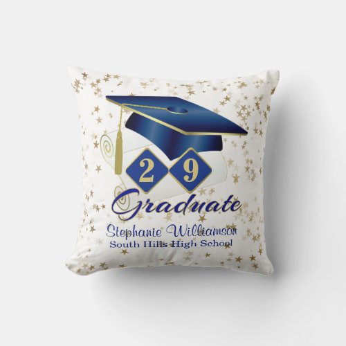 Personalized Graduation Blue  Gold Stars Throw Pillow