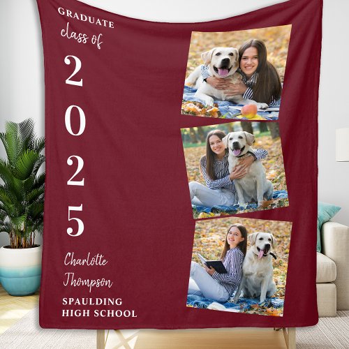 Personalized Graduation Burgundy Photo Collage Fleece Blanket