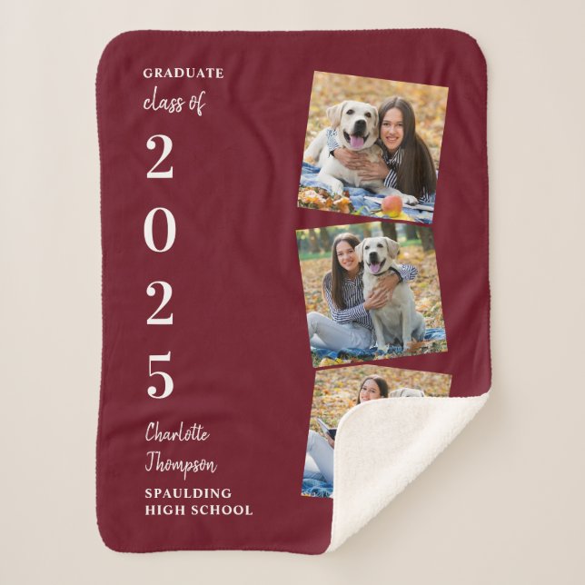 Personalized Graduation Burgundy Photo Collage Sherpa Blanket (Front)
