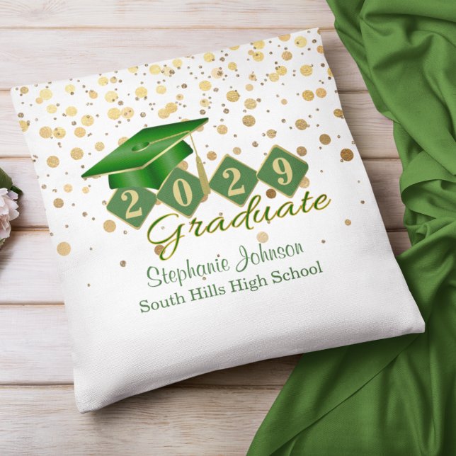 Personalized Graduation Confetti Green & Gold Throw Pillow (Personalized Graduation Confetti Green & Gold Throw Pillow)