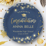 Personalized Graduation Custom Class of 2025 Chic  Paper Plates<br><div class="desc">These elegant custom printed gold brush script graduation paper plates are the perfect special touch for your grad party celebration. Personalize with your name,  school and class of,  and feel free to pick any other background color under "customize further". This is the navy blue and gold version.</div>
