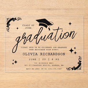 Personalized Graduation Elegant Script Stars & Cap Acrylic Invitations