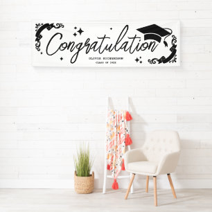 Personalized Graduation Elegant Script Stars & Cap Banner