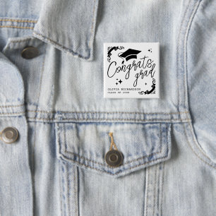 Personalized Graduation Elegant Script Stars & Cap Button