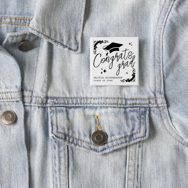 Personalized Graduation Elegant Script Stars & Cap Button (In Situ)