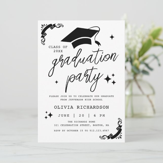 Personalized Graduation Elegant Script Stars & Cap Invitation (Standing Front)