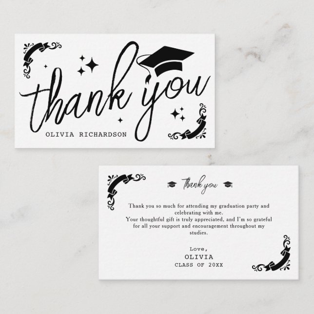 Personalized Graduation Elegant Script Stars & Cap Note Card (Front/Back)