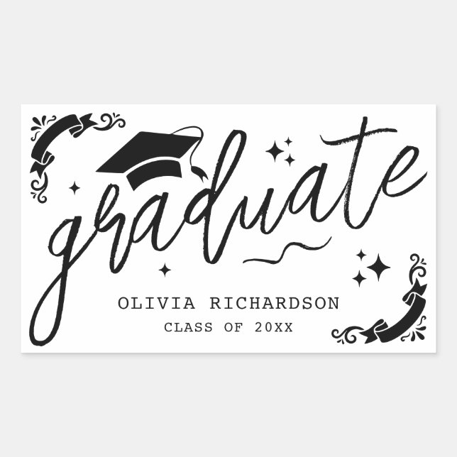 Personalized Graduation Elegant Script Stars & Cap Rectangular Sticker (Front)