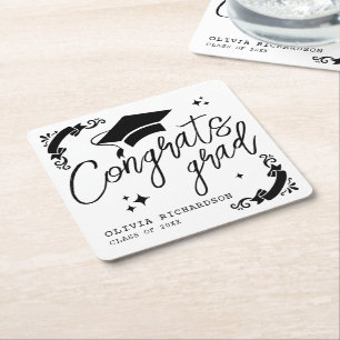 Personalized Graduation Elegant Script Stars & Cap Square Paper Coaster